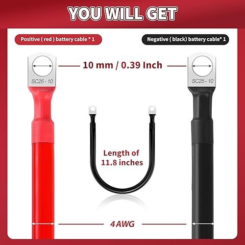 Miniatura 23 de Cable de batería de 4 AWG, 2 unidades, cables de batería de 11.8 pulgadas con terminales de anillo M6, cables marinos de cobre puro, cable de tierra