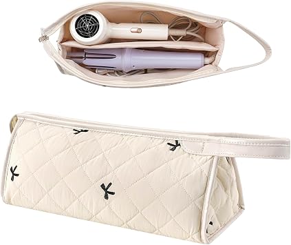 RSRSLEII Large Quilted Hair Tools Travel Bag,Aesthetic Waterproof Hair Styling Accessories Storage Case for Flat Irons,Straightener,Curling Iron,Hair Dryer,Dyson Airwrap Travle Bag05White Bow