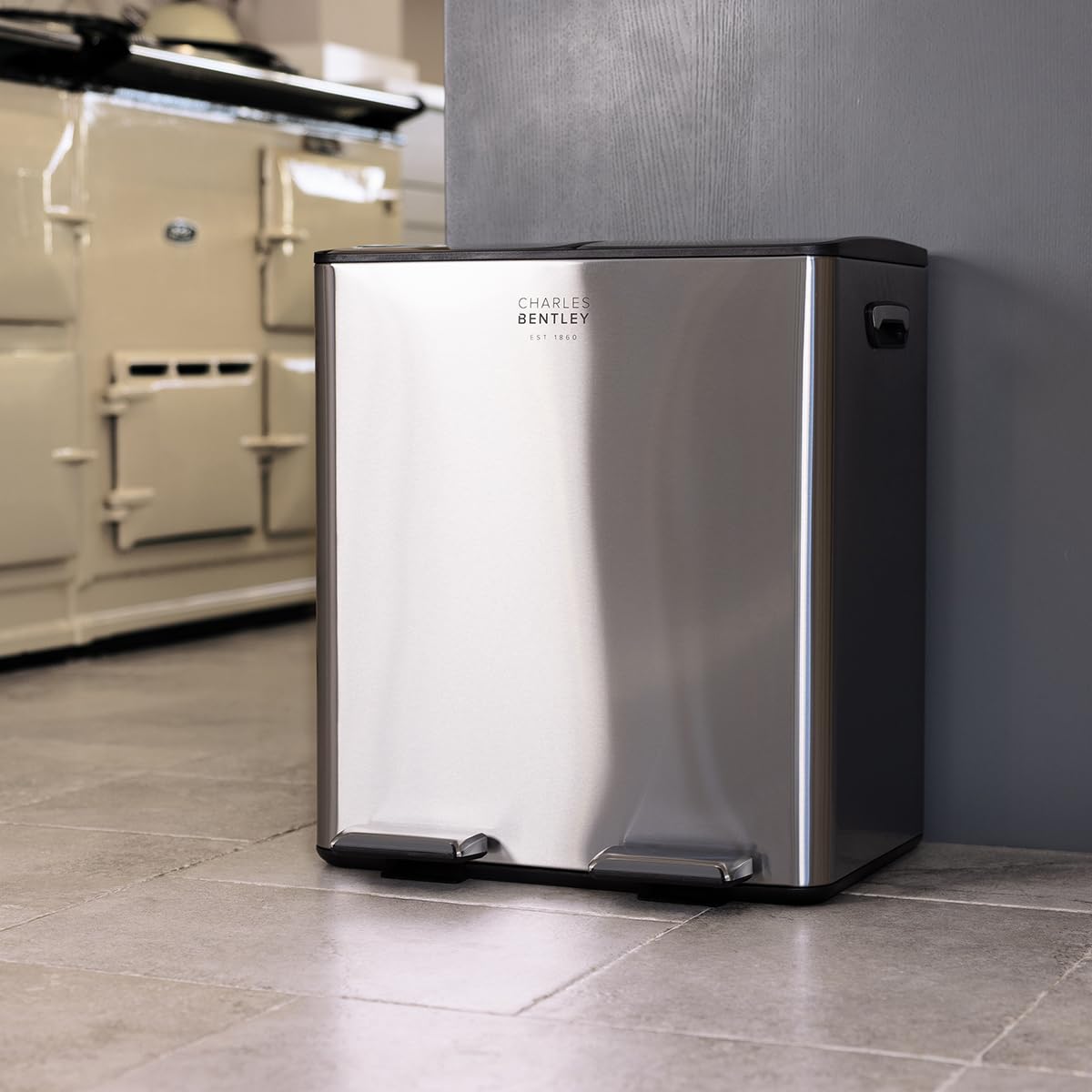 CHARLES BENTLEY Kitchen Bin, 40 Litre, Double Compartment, Kitchen Bin, Stainless Steel, Rubbish Bin, Bins for Kitchen, Waste Bin, Pedal Bin, Double Bin, Pedal Bins, Recycle (51.5x44.5x35cm)