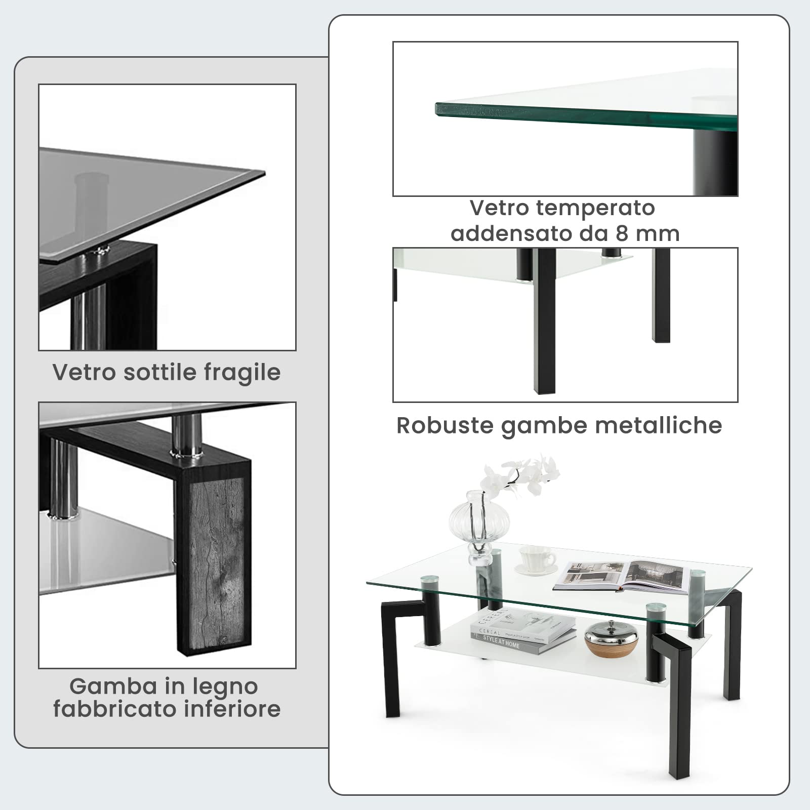 COSTWAY Tavolino da Salotto in Vetro Temperato Moderno, Tavolo Basso Rettangolare a 2 Livelli con Struttura in Metallo, Tavolino da Caffè per Soggiorno e Ufficio, 100 x 60 x 43 cm