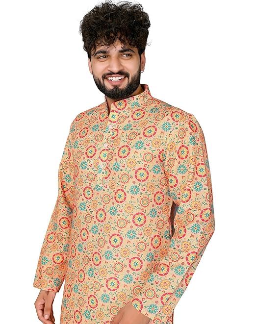 Image of LookMark Men's Cotton Blend Printed Long Kurta Suitable for All Indian Wedding, Occasions, and Festivals