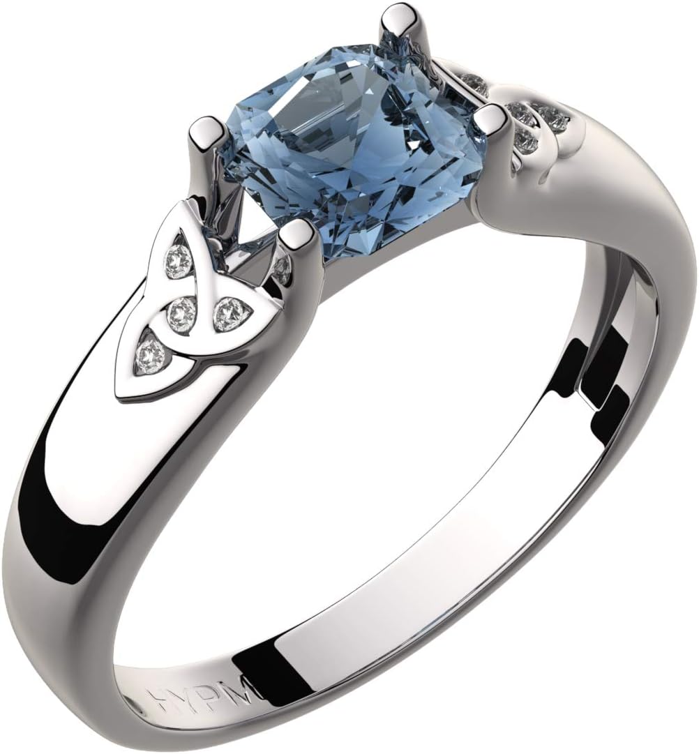 GWG JewelleryGWG Women's Rings Gift Sterling Silver Celtic Ring Aquamarine Sea Blue Zircon Square Stone and Trinity Knots Adorned with Crystals for Women