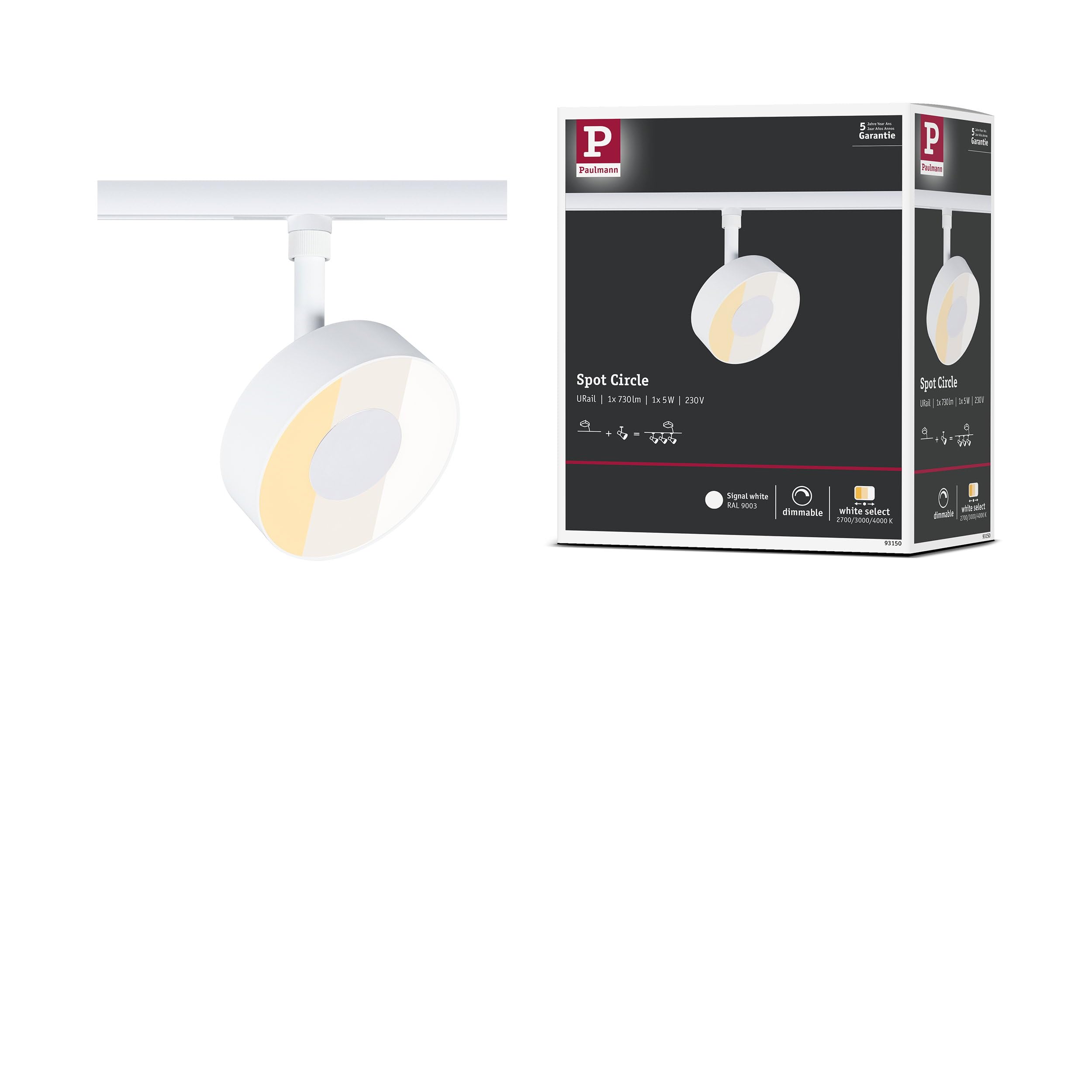 Paulmann URail Spot sur rail Circle 250lm 5W 2700-4000K 230V blanc signal 93150