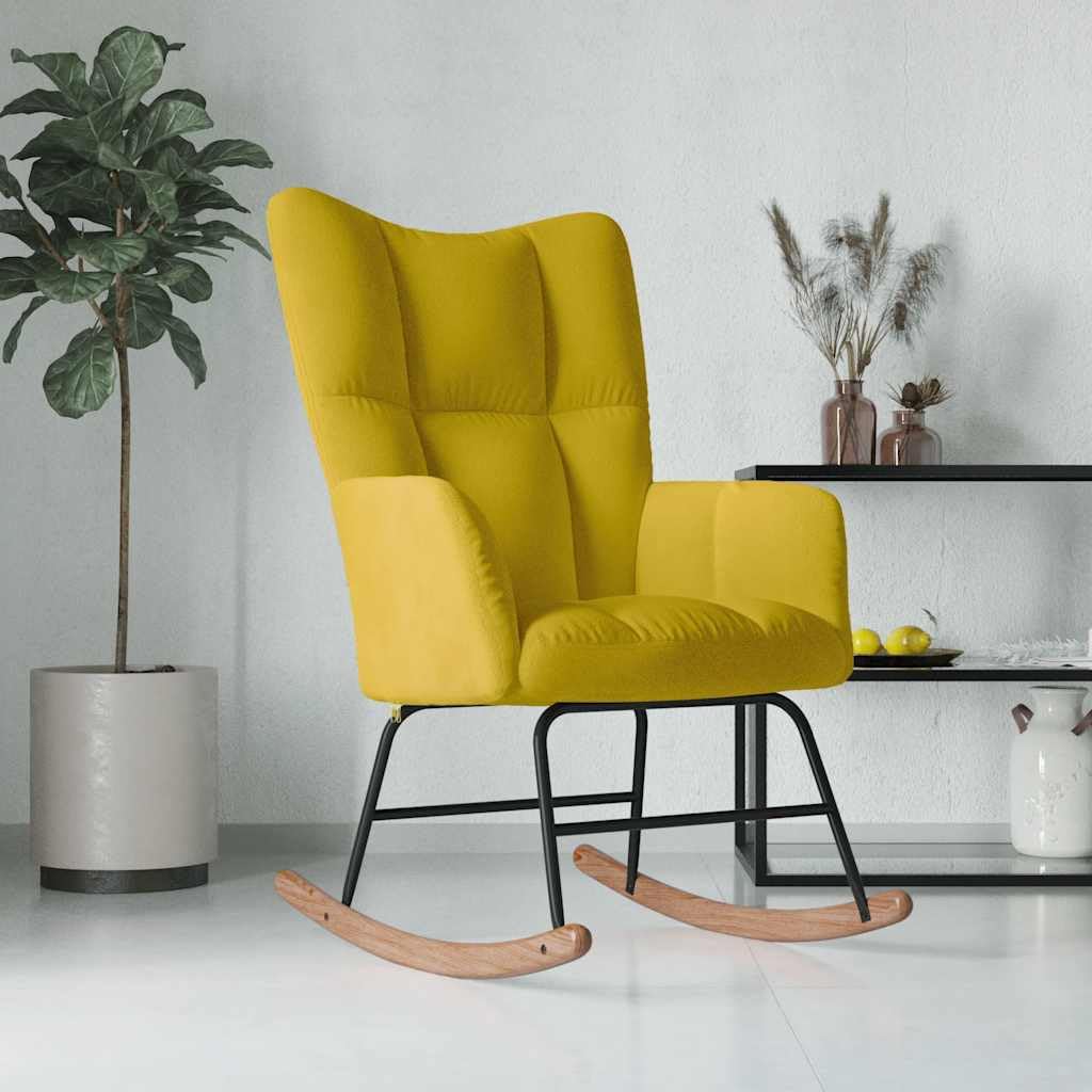 Sillón mecedora de terciopelo amarillo mostaza con acolchado espumado, estructura de acero y patines de madera, dimensiones totales 61 x 78 x 98 cm, para salón y balcón