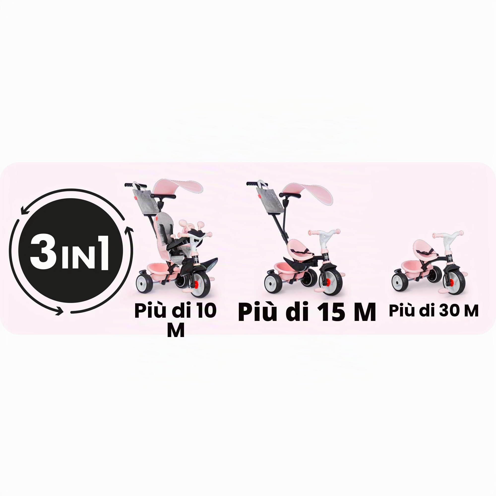 Smoby - Triciclo Baby Driver Rosa - 3 in 1 Evolutivo - Maniglione Parentale Regolabile a 3 Altezze - Freno di Stazionamento, Poggiapiedi, Parasole Anti-UV - Dai 10 Mesi ai 3 Anni - Prodotto in Spagna