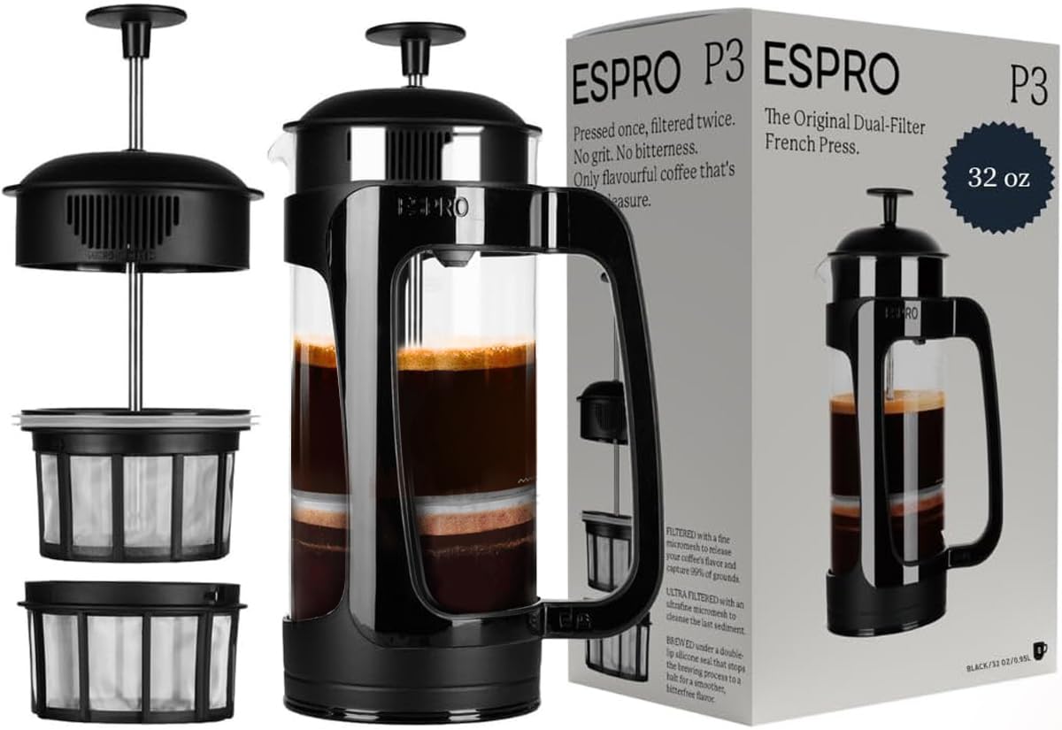 ESPRO P3 French Press Coffee Maker – Patented Double MicroFilter for Grit-Free Brew, High Heat Resistant thicker Borosilicate Glass Coffee press & Easy Clean Design – (32 oz)