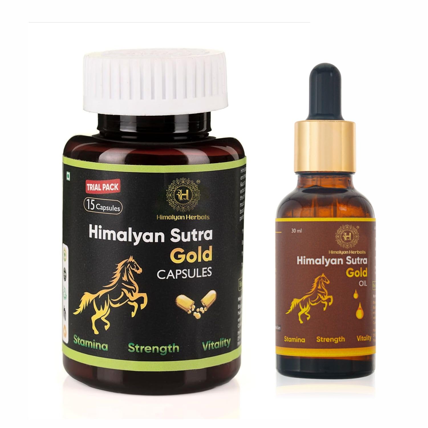 Himalyan Sutra Gold Power Capsules (15 Capsules Trial Pack) & Men’s Massage Oil (30ml) | Ayurvedic Herbal Supplement & Body Massage Oil Combo Pack for Men