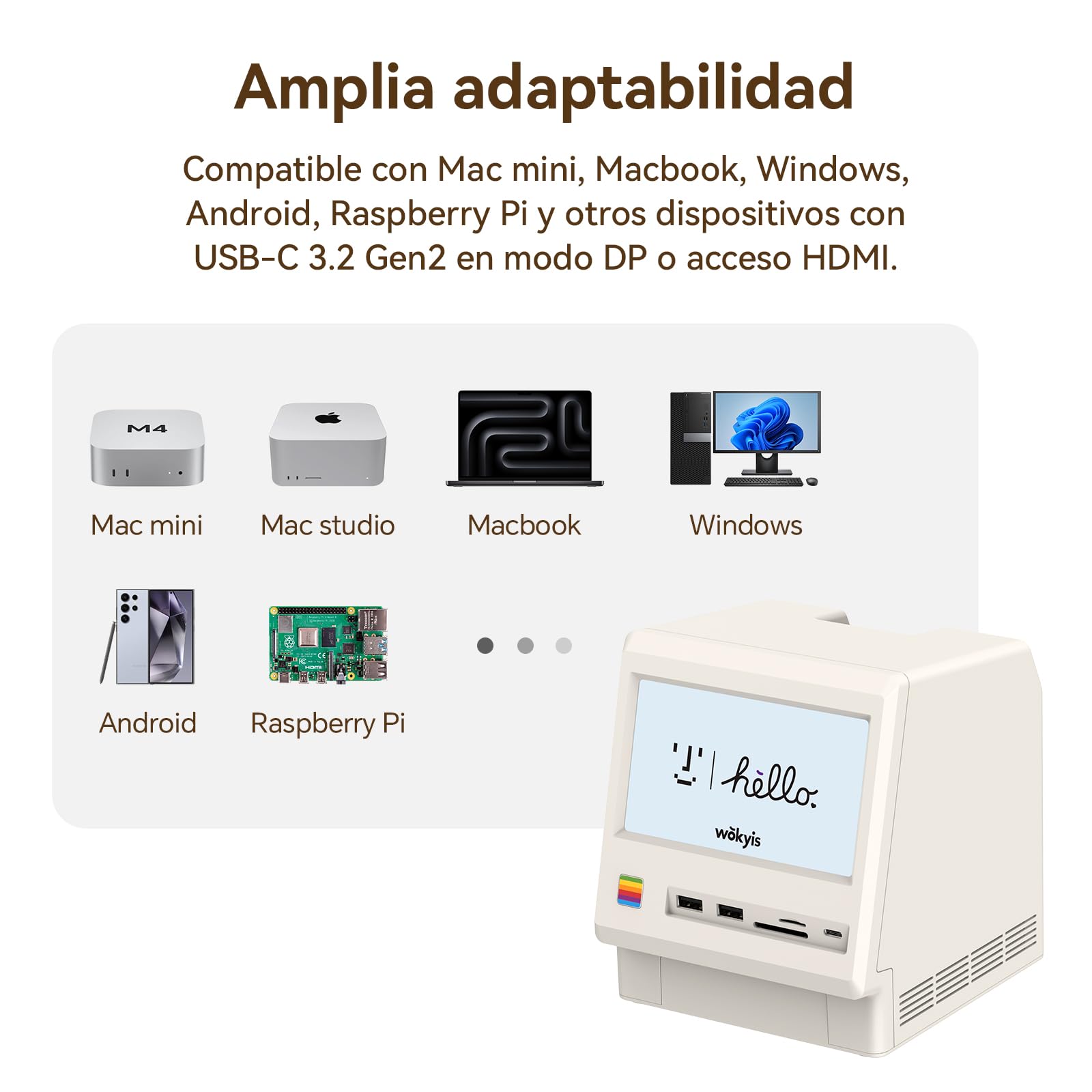 Estación de acoplamiento retro M5 para Mac mini M4, pantalla HD de 5 pulgadas, carcasa SSD M.2 NVMe de 10 Gbps, lector SD/Micro SD 4.0, 4 USB-A, 1 USB-C de 10 Gbps, conector de auriculares de
