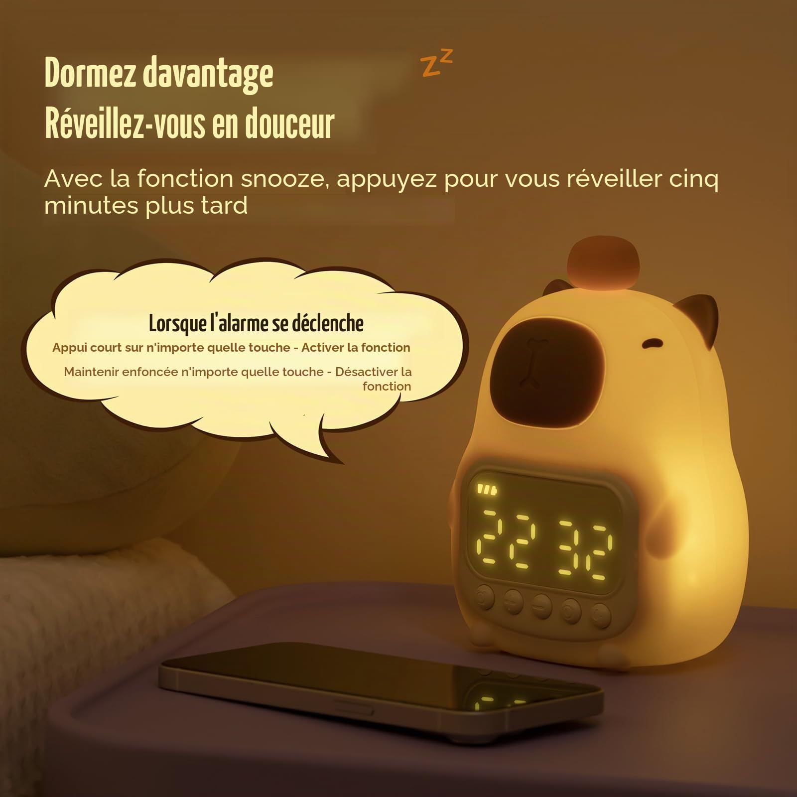 Yiliaw Capybara Réveil avec veilleuse pour enfants, 7 couleurs RVB - Réveil mignon pour chambre à coucher, réveil - Lampe de table en silicone en forme d'animal pour adolescents, filles, garçons