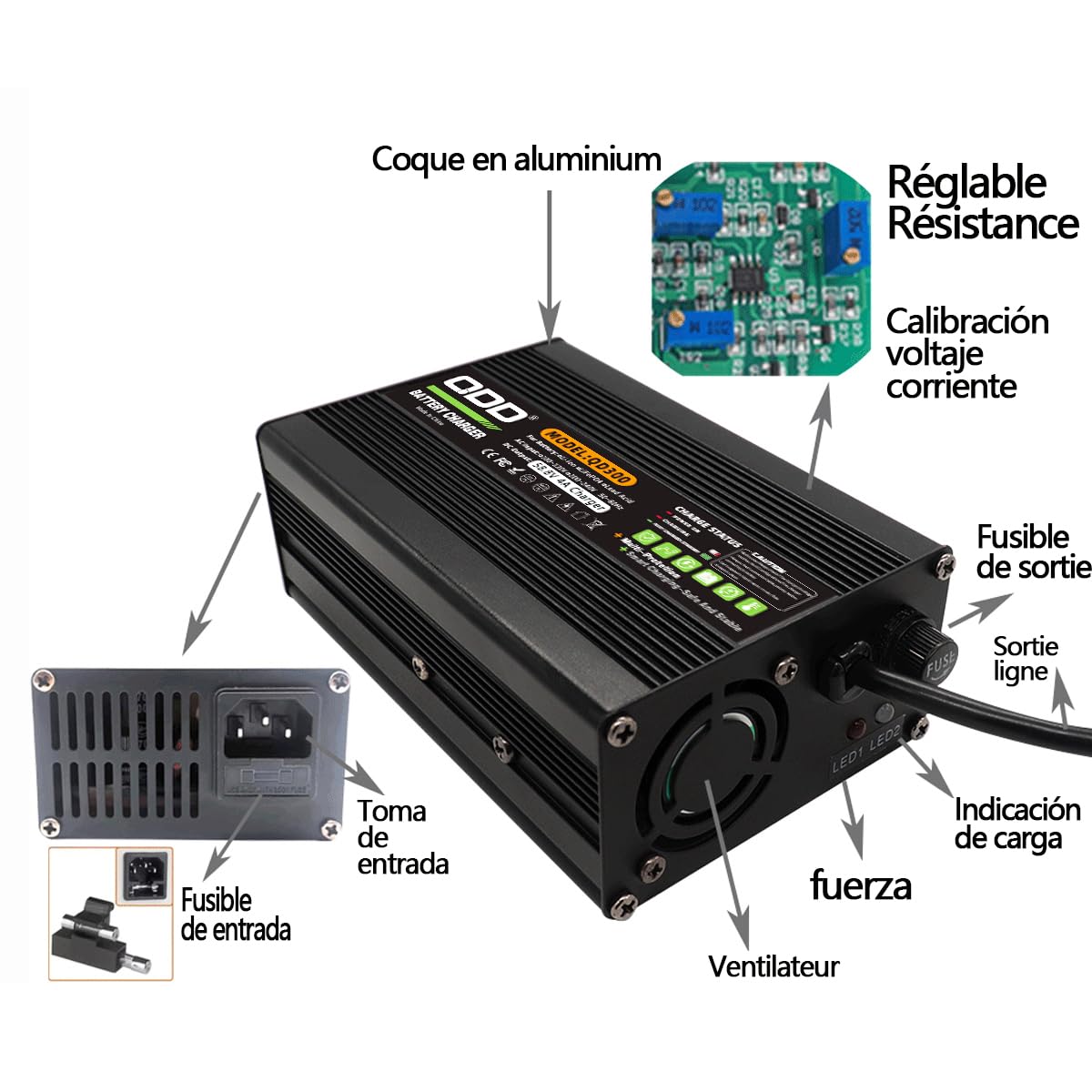 QDD Caricabatterie 58,8 V 4 A Caricabatterie agli ioni di litio 52 V in alluminio nero con uscita ventola di raffreddamento, connettore GX16-3 pin utilizzato per batteria al litio 14S 52 V
