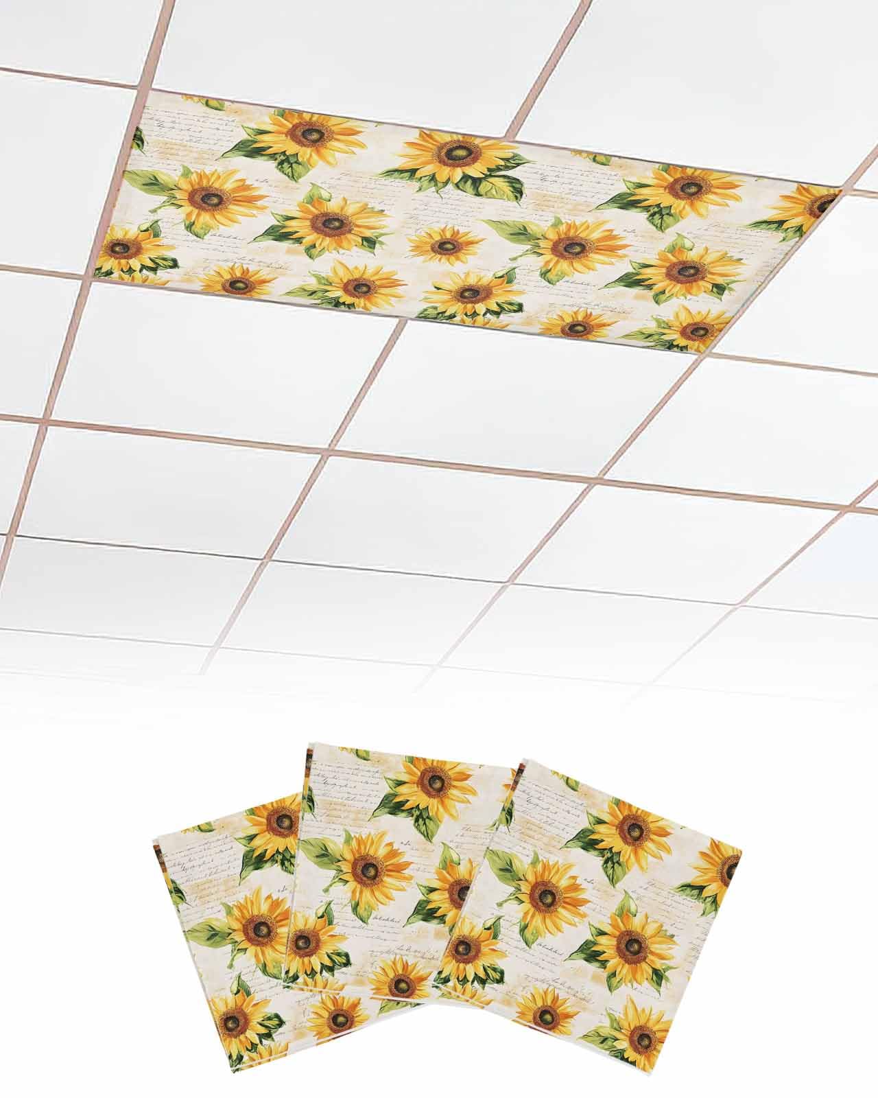 Sunflower 3 Pcs Fluorescent Light Covers for Ceiling Lights, Retro Watercolor Flowers Farm Magnetic Light Filters for Eliminate Harsh Glare Classroom Office Decoration, 4 x 2 Ft