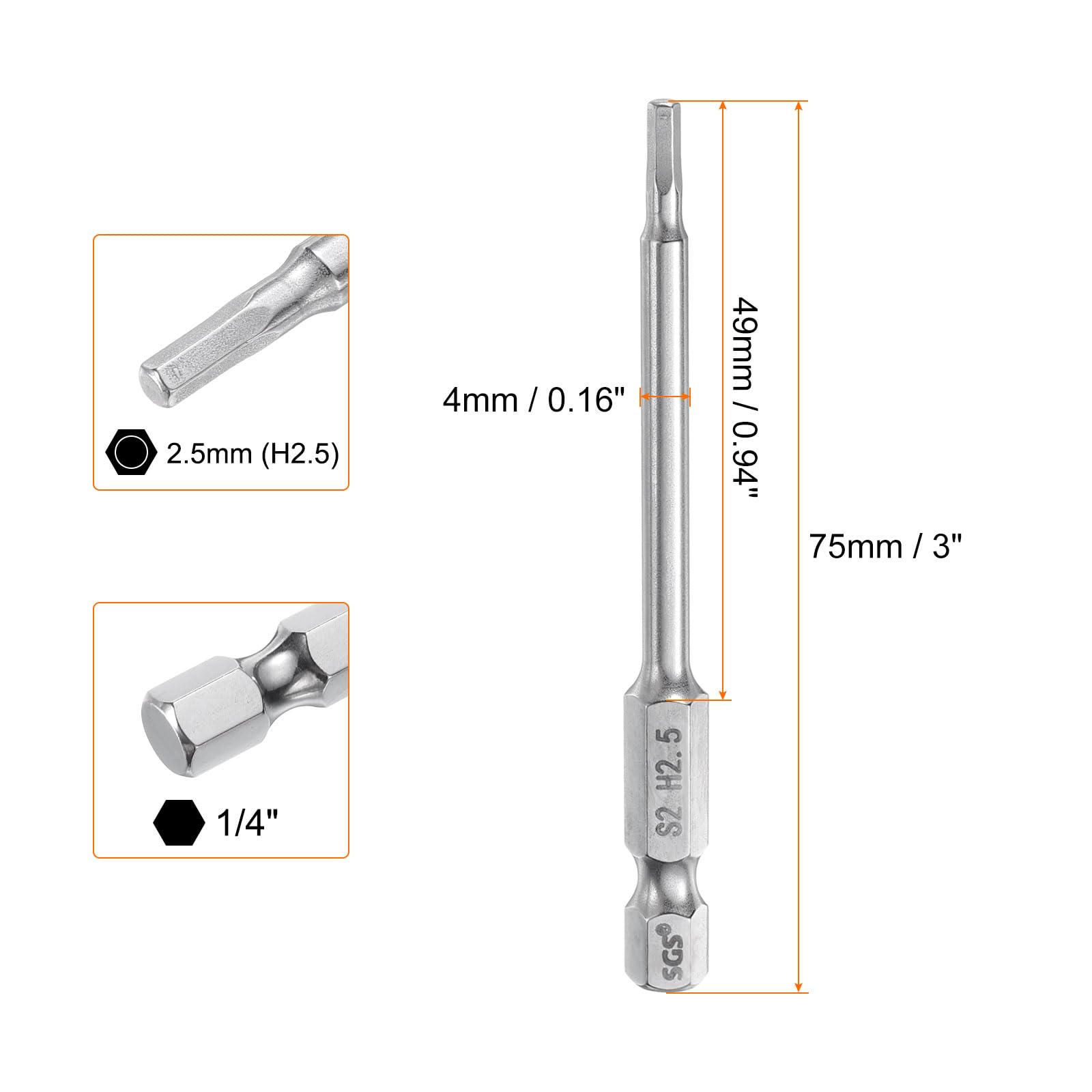 QUARKZMAN 2pz Punte per Cacciavite Chiave Esagonale 2,5mm (H2,5) Metrico 1/4" Attacco Esagonali 75mm (3") Punta Magnetica Lunghe Acciaio S2 Punta Trapano Piatte Grado Industriale per Viti