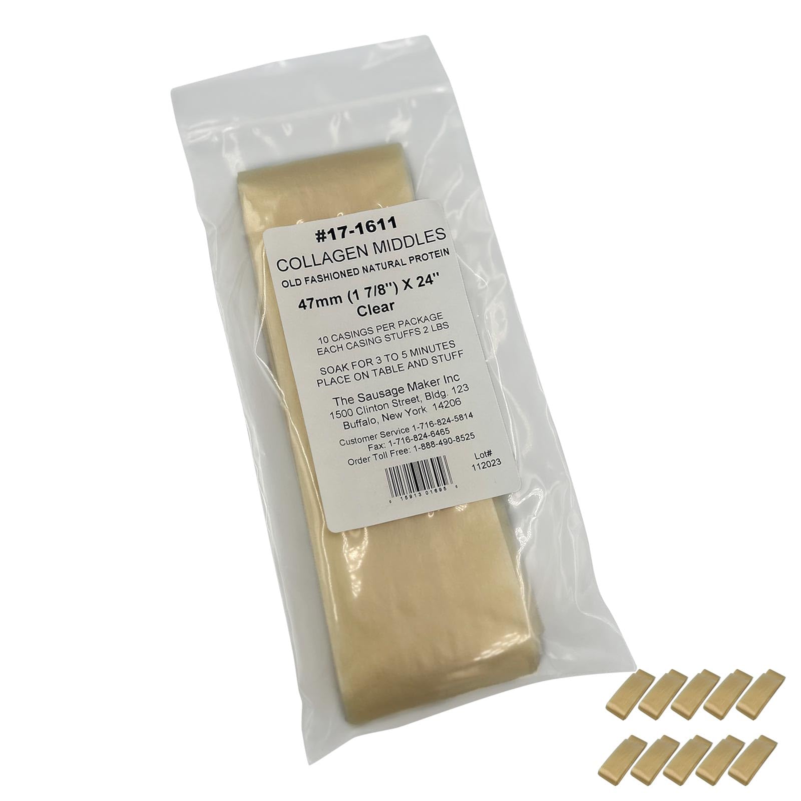 The Sausage Maker® 47mm Clear Collagen Casings For Sausage Making - 10 Pack, Non-Edible Casing For Cooked, Semi-Dry, Dried Sausage, 1 7/8" Diameter 24” Long, Stuff 1.3 Lbs Meat Per Case