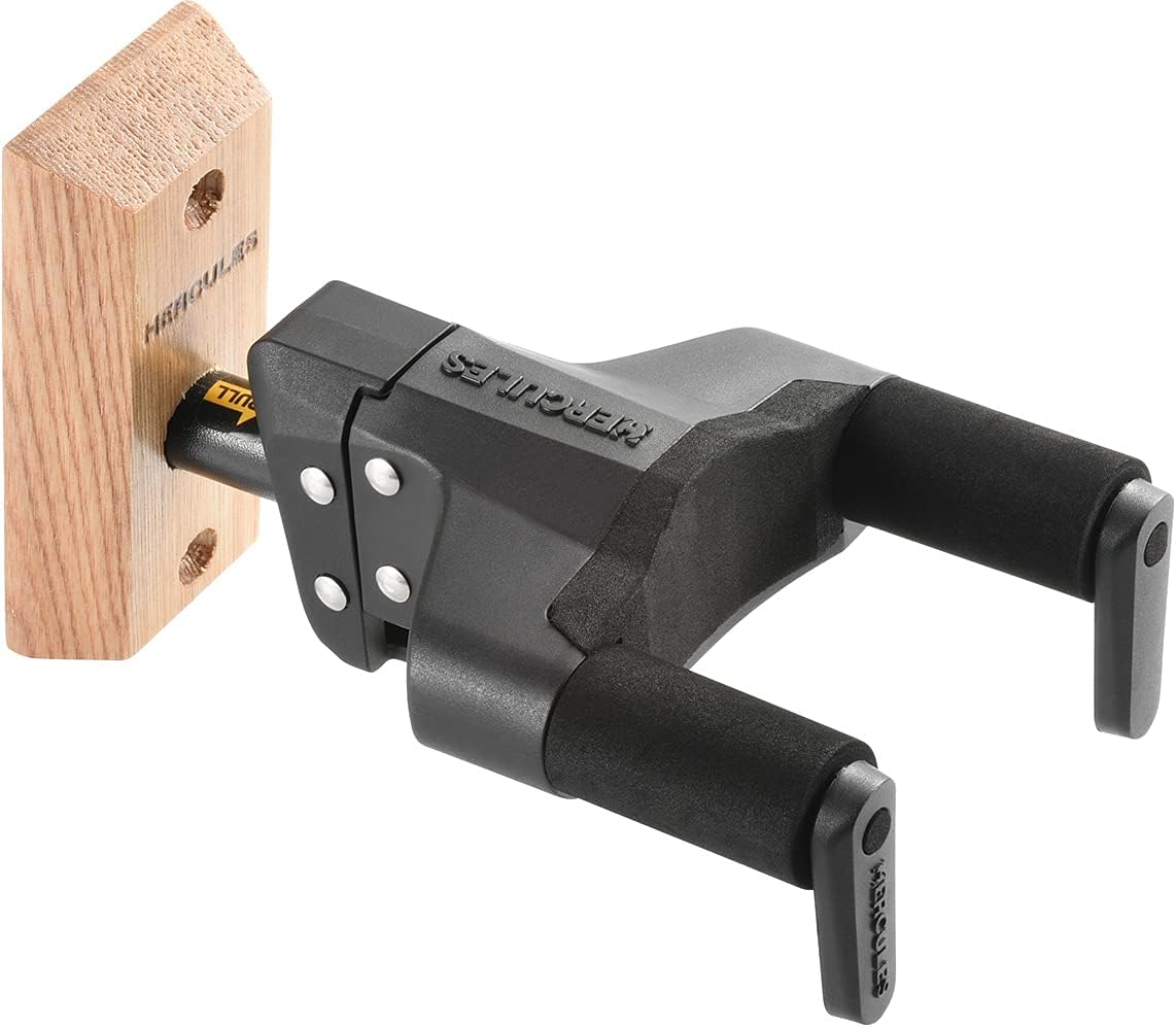 Hercules GSP38WB PLUS Auto Grip Guitar Hanger, Wood Base, Short Arm - 1 Pack Bundle with Strap, Picks, and Austin Bazaar Polishing Cloth