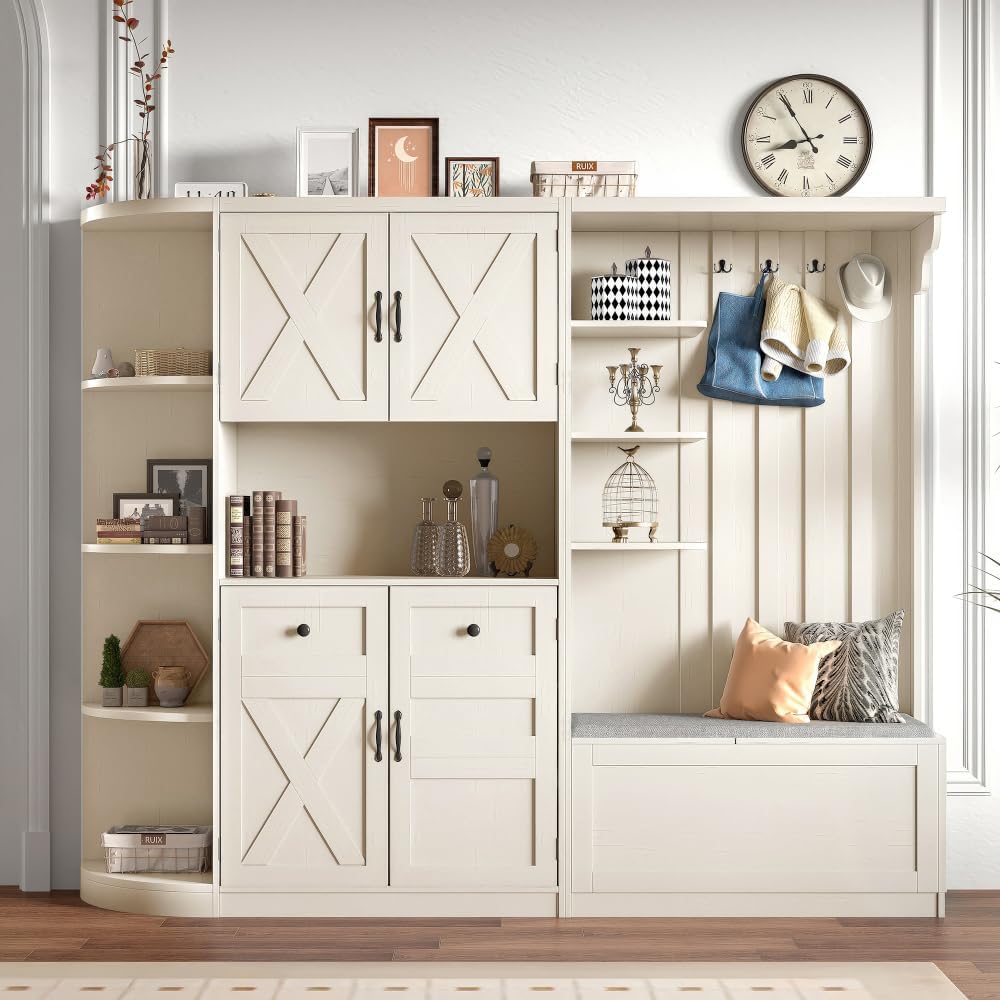 (PICK UP 2 BOXES)) Multifunctional Left-Right Combination Hall Cabinet (can be Used Separately) with Storage and 4 Hooks Style1