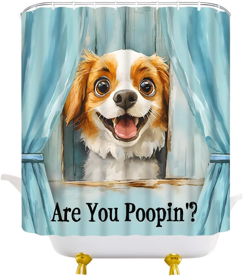 Funny Dog Shower Curtain are You Poopin' Puppy Pet Modern Fun Watercolor Cartoon Fabric Bathroom Decor Curtain with Hooks, 78Wx70H