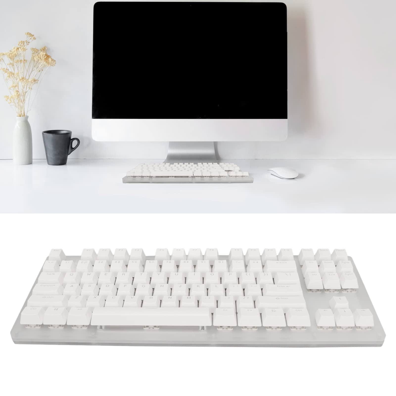 87 Klawiszy Klawiatura, 87 Klawiszy RGB Podświetlany Szklany Panel Mechaniczna Klawiatura do Gier, Typ C Przewodowa USB3.1 Półprzezroczysta Podstawa Komputerowa USB Klawiatura do Gier na PC (Niebieski przełącznik)