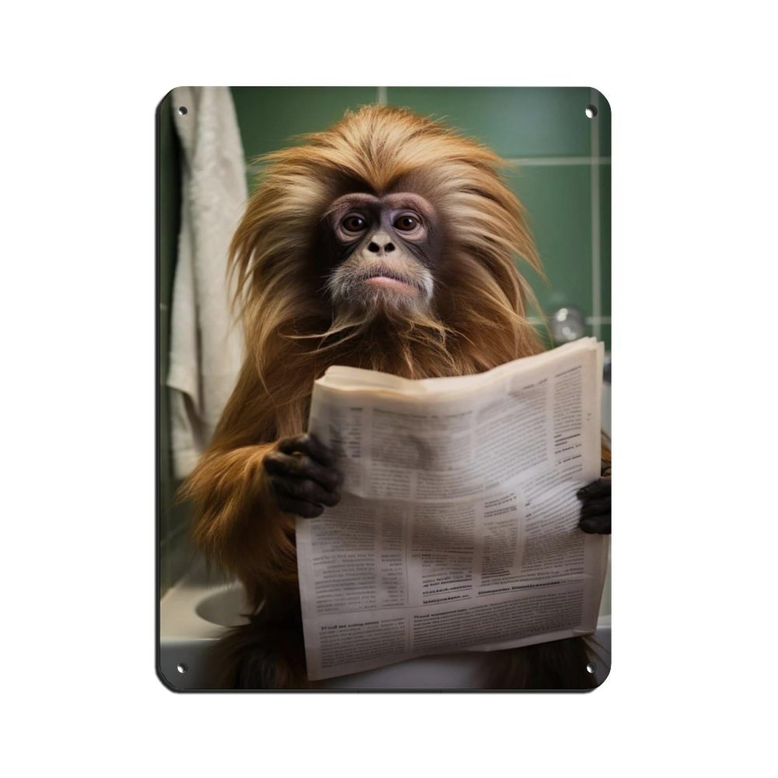 Tamarin Monkey Sitting on The Toilet Reading A Newspaper (6) Tin Sign Vintage Metal Pub Club Cafe Bar Home Wall Art Decoration Poster Retro 12x16inch(30x40cm)