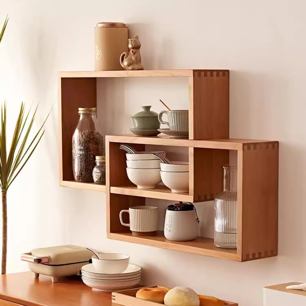 Mensole Geometriche A Forma di Scatola - Set di 2 Mensole Sospese in Legno per Soggiorno, Camera da Letto - Moderno Organizer Decorativo per Mensole Ad Incastro con Accessori