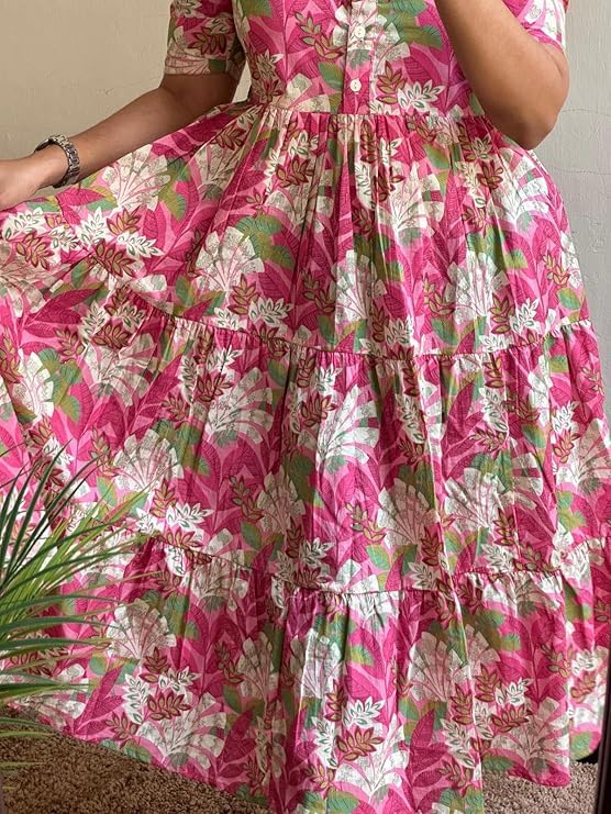 Image of Women's Pure Cotton Maxi Midi Dress Western Dress for Women Elegant Floral Printed Long Dresses | Soft & Breathable Fabric | Casual Trending Dress for Women
