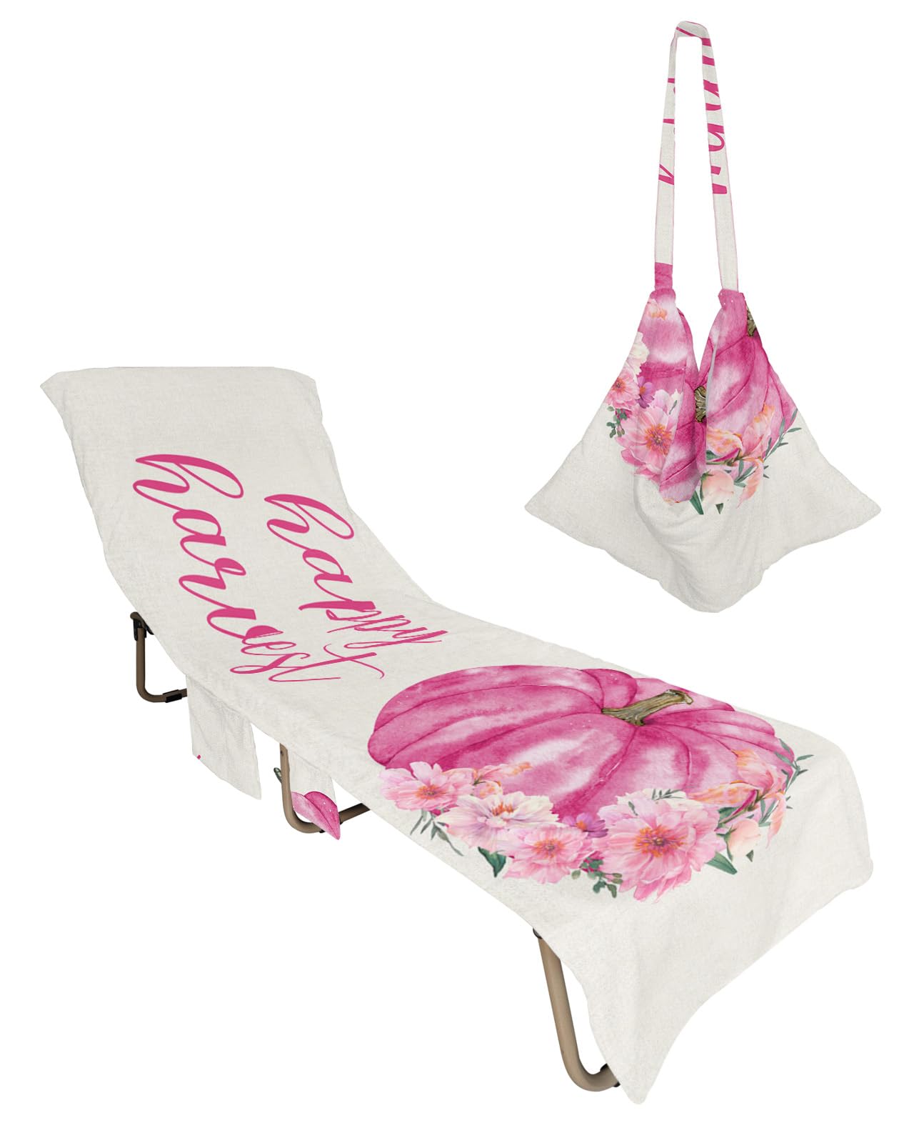 Fall Pink Pumpkin, Beach Lounge Chair Towel Cover, Soft Chaise Lounge Towel with Side Pockets Patio Pool Chairs Cover for Beach/Pool Sunbathing 29x85 Country Rustic Thanksgiving Autumn Flower