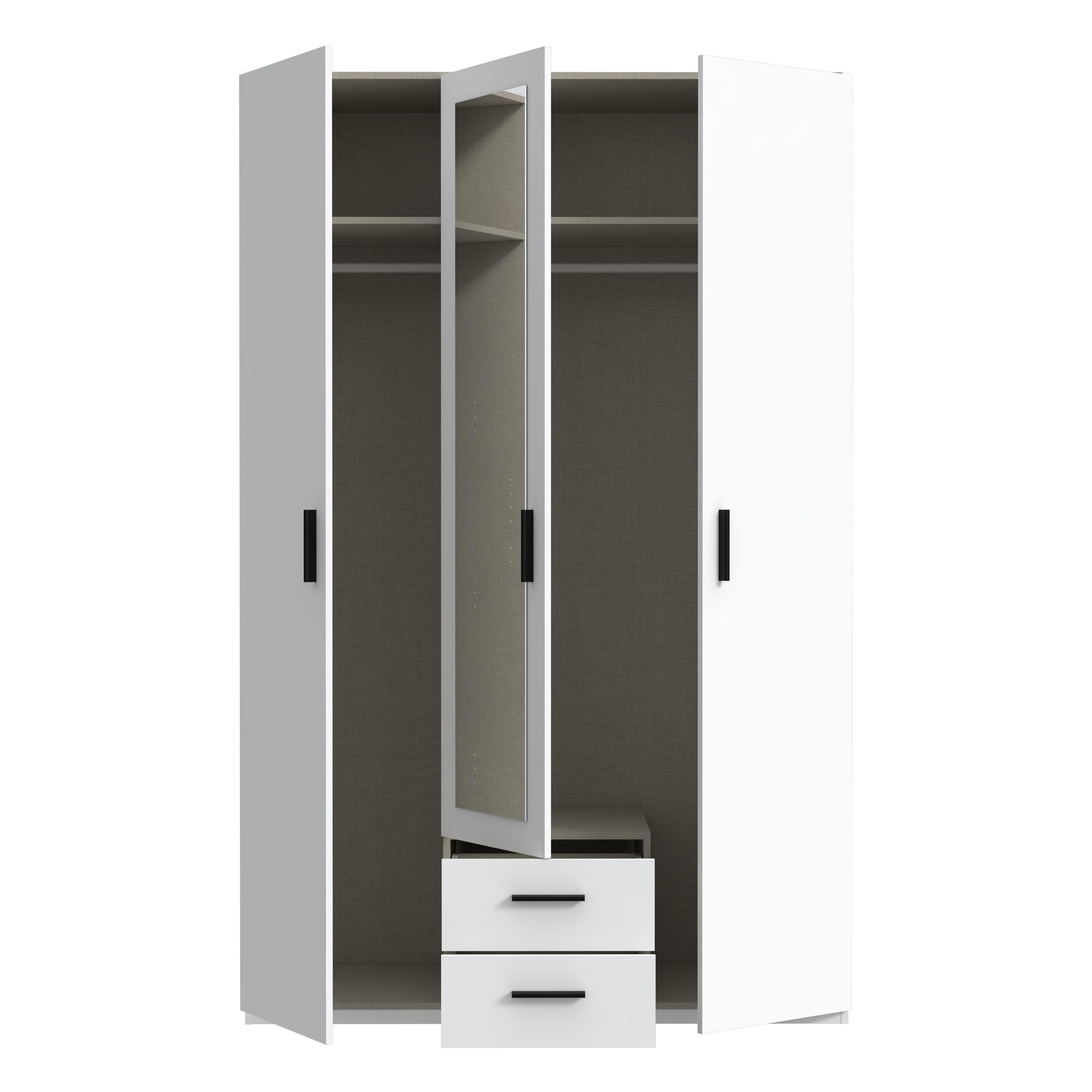 Forte TRAWEN Kleiderschrank 130 140, moderner Kleiderschrank, Flurschrank, Mehrzweckschrank, 3-türig, 2 Schubladen, Spiegel, Holzwerkstoff, Weiß, 133,2 cm breit x 210,5 cm hoch x 54,2 cm tief Küche, Haushalt & Wohnen