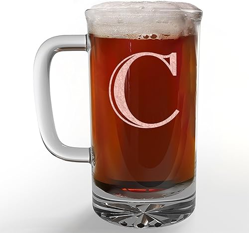 Taza de cerveza de vidrio con monograma grabado de 16 onzas (letra C), regalos de cerveza personalizados de la A-Z para hombres, Día del Padre,