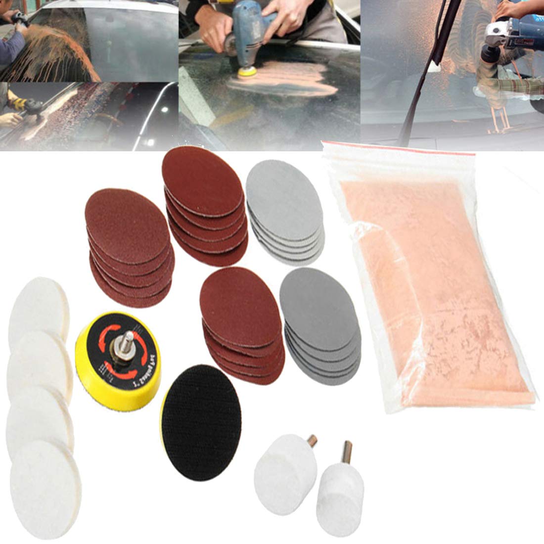 DIY Crafts 32 Pcs Deep Scratch Remover Car All Type Glass Headlight Windshield Polishing Shining Buffing Kit 3'' Wheel Cerium Oxide Cream Window Polishing TREO 95% 2.5microns 1.75oz (100 Grm, Pink)-image-26