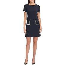 Tommy Hilfiger Womens Short Sleeve Jewel Neck Contrast Piping Mini Shift Dress