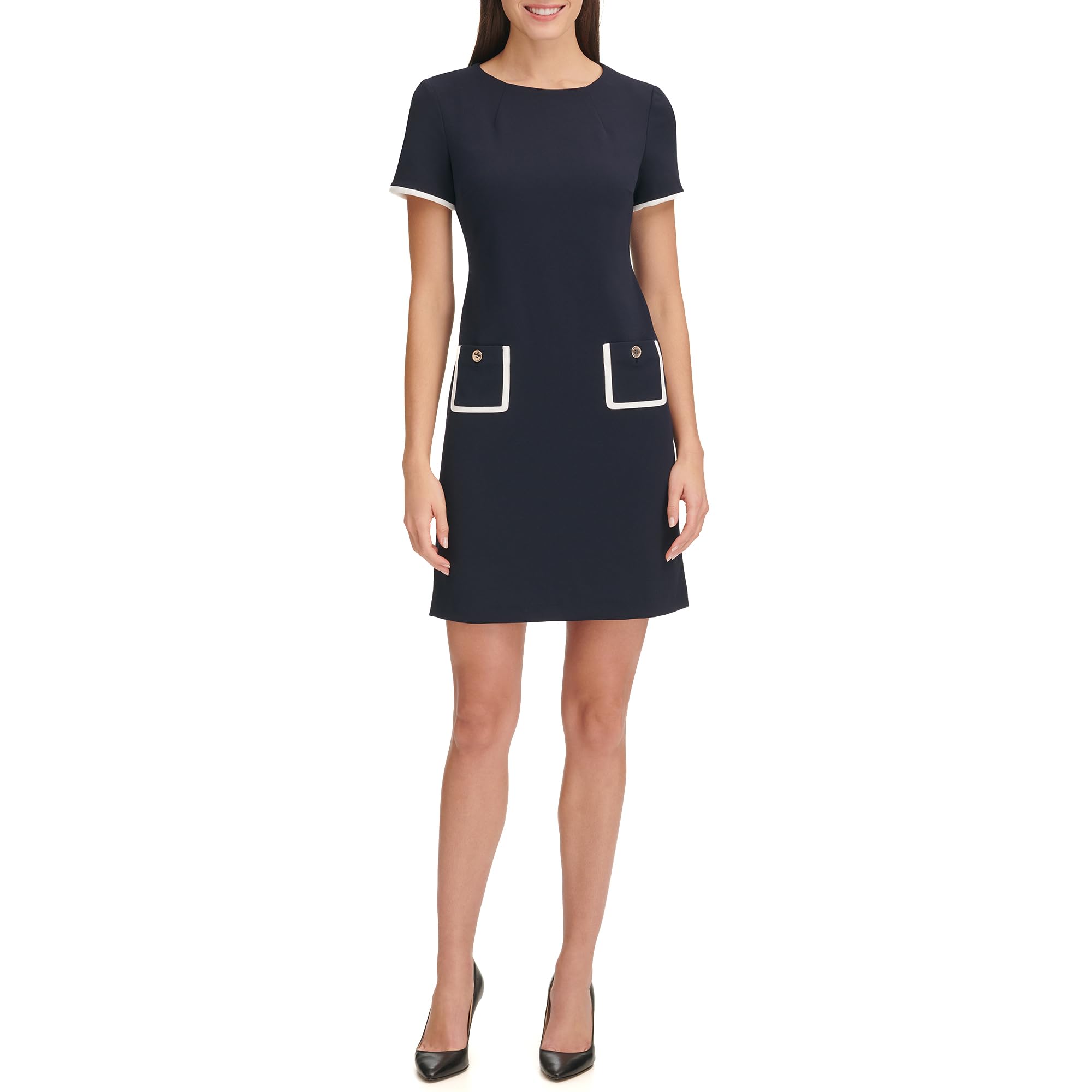 Women's Short Sleeve Jewel Neck Contrast Piping Mini Shift Dress