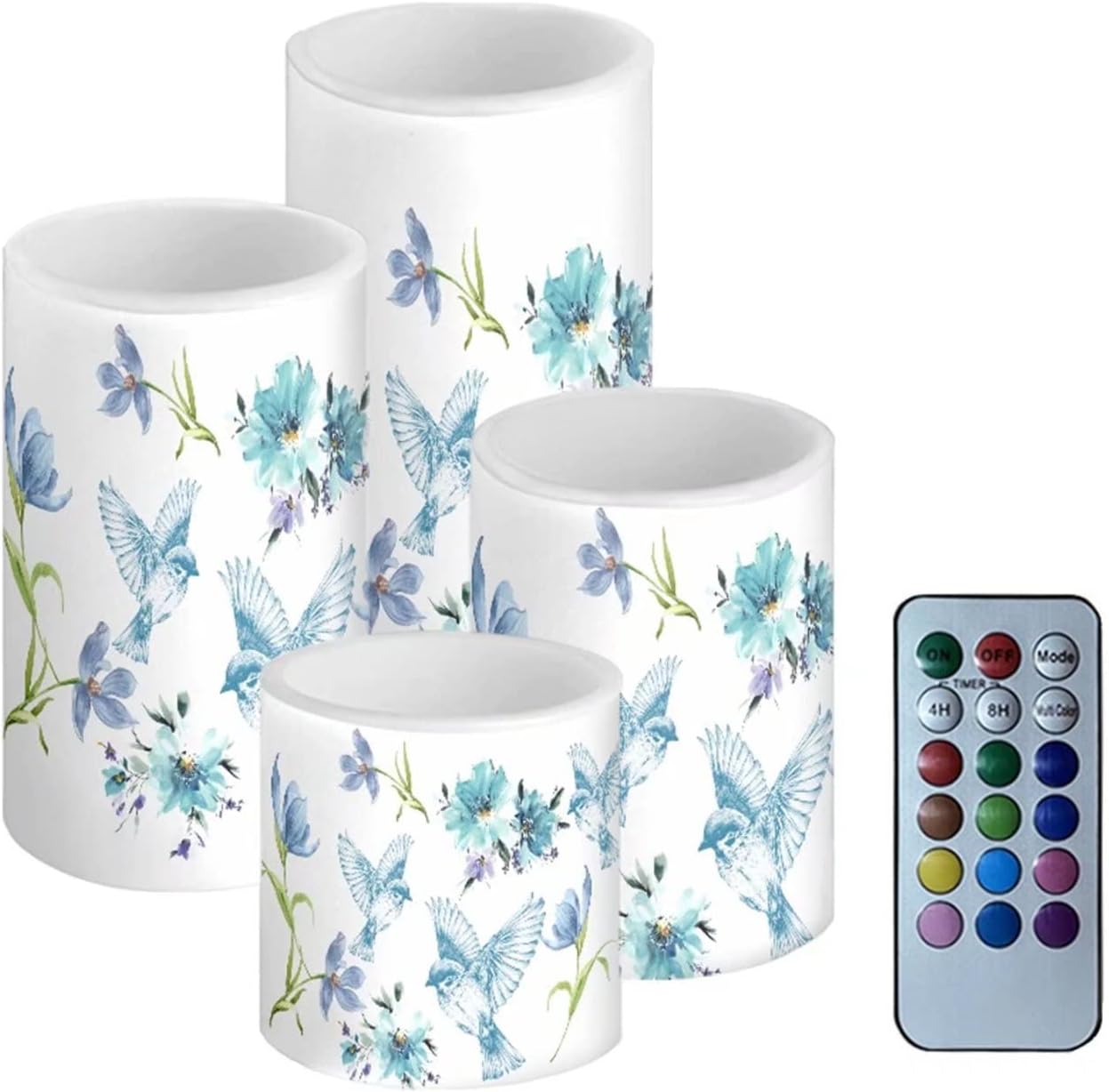 Cozeyat Hummingbird Flower Blue Flameless LED Candles Set of 4,Battery Operated Flickering Electric Real Wax Pillar Tealights 12 Colors for Wedding,Holiday,Birthday,Parties Decor