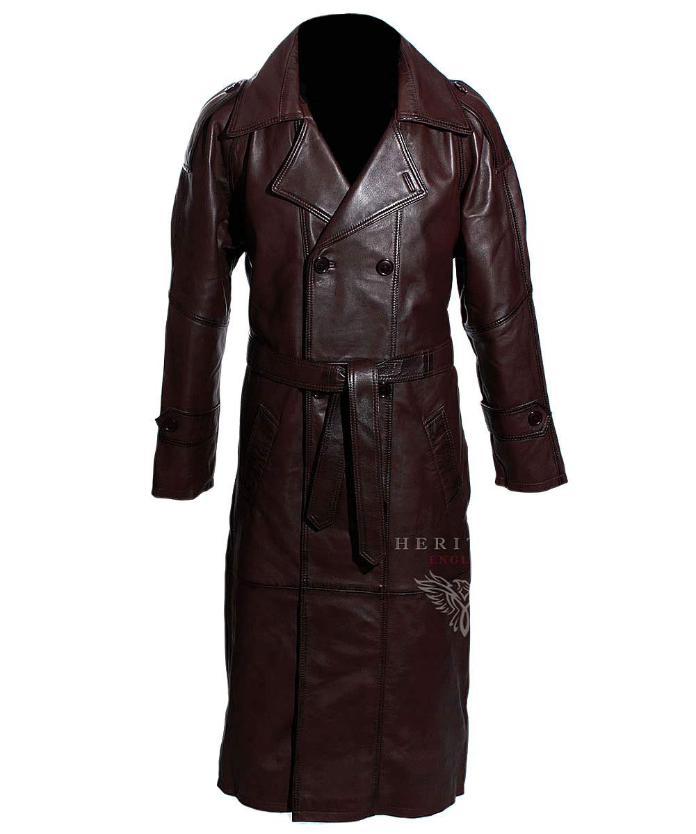 H.E Soviet Army Brown Men's Military OVERCOAT Real Italian Washed Vintage Lambskin Leather Full Length Trench Coat Overcoat (XL)