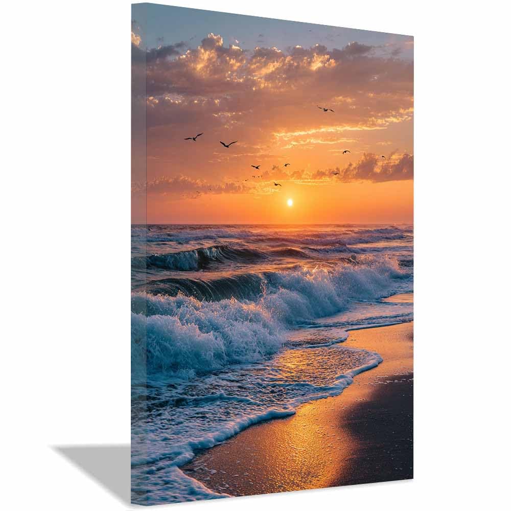 PUQAAEO Canvas Wall Art Decor, Orange Sunset Beaches es Wavess Landscape Canvas Wall Art, Painting Prints, Bedroom Bathroom Office Decor,(Multicolor)-70x100cm Framed