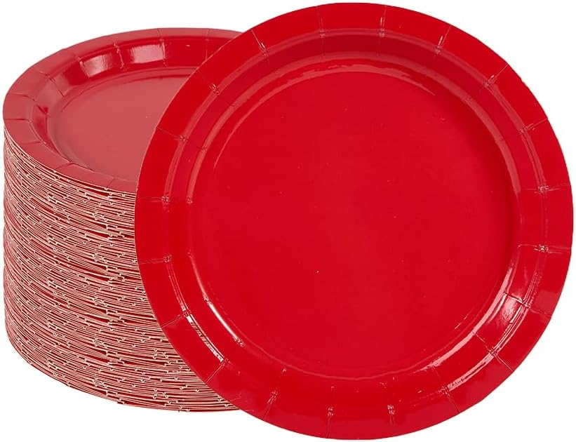 Ottin 50-pack Red Valentine's Paper Dessert Plates 7'' Disposable Appetize Cake Plates for Birthday Wedding Party Snacks Daily Use, President's Day, Mother's Day, Memorial Day