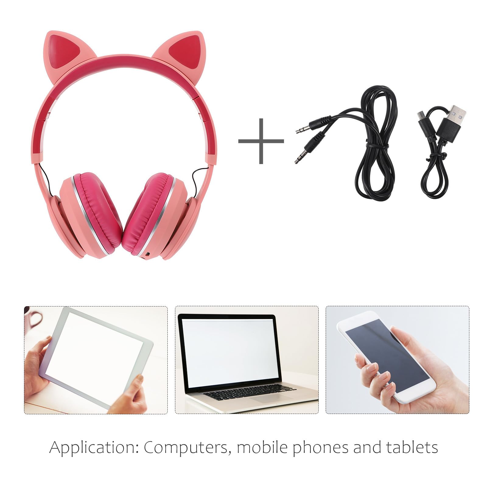 SHERCHPRY Auriculares Orejas de Gato LED Rosas, Diadema Ajustable