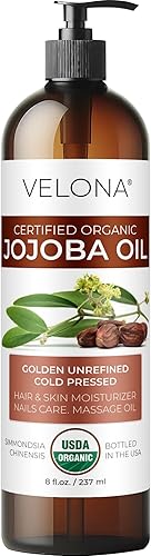 Velona Aceite de jojoba orgánico de 8 onzas, 100% puro, sin refinar, prensado en frío para cara, cabello, cuerpo, cuidado de la piel propensa al