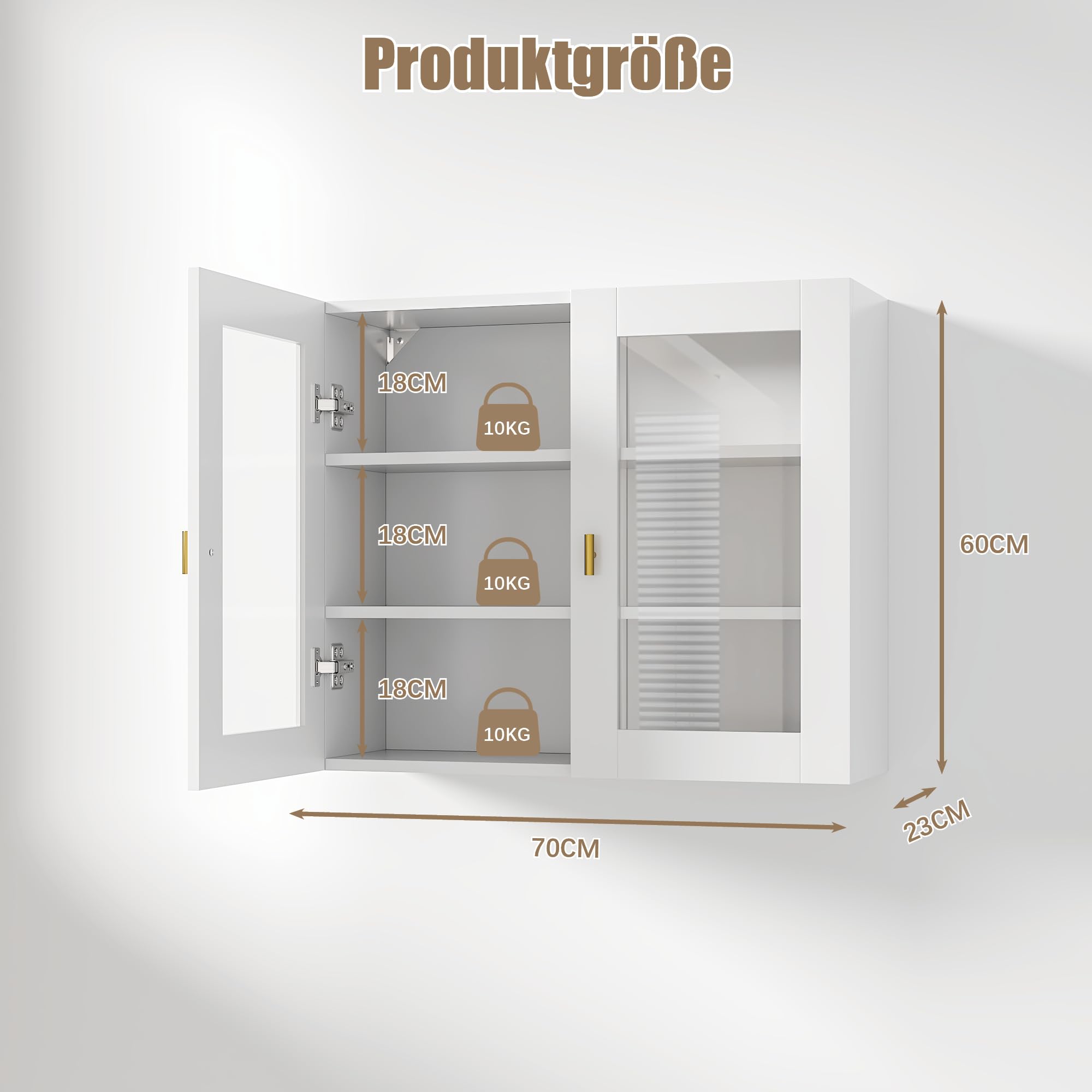KEEPREAPER Hängeschrank 70cm Küchenhängeschränke mit 2 Glastüren, Wandschrank für Gewürze, Medizinschrank & Apothekerschrank Wandmontage, Geeignet für Küchen, Wohnzimmer, Flur (Weiß)