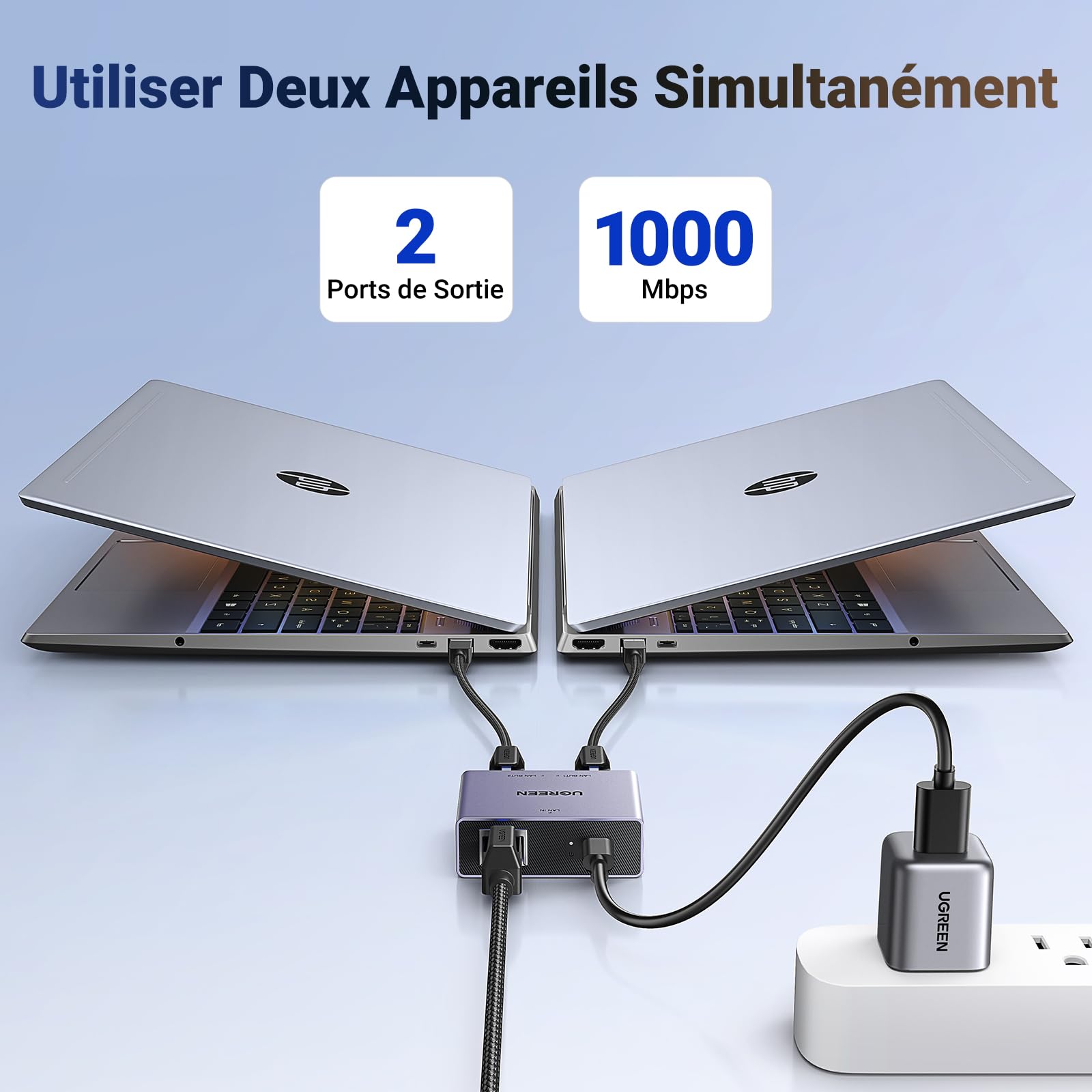 UGREEN Switch Ethernet 2 Port 1000 Mbps RJ45 Splitter Network Doubleur RJ45 Compatible avec Ordinateur Routeur Décodeur Téléviseur Console de Jeux