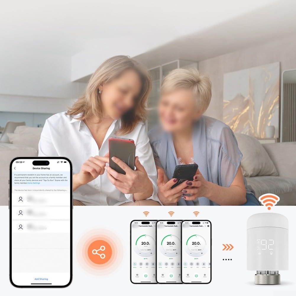 Vanne de Radiateur Thermostatique Intelligente WiFi, Contrôle par Application Smart Life/Tuya, Compatible Alexa & Home, 6 Modes, Programmation, Détection Fenêtre Ouverte, Verrou, passerelle requise