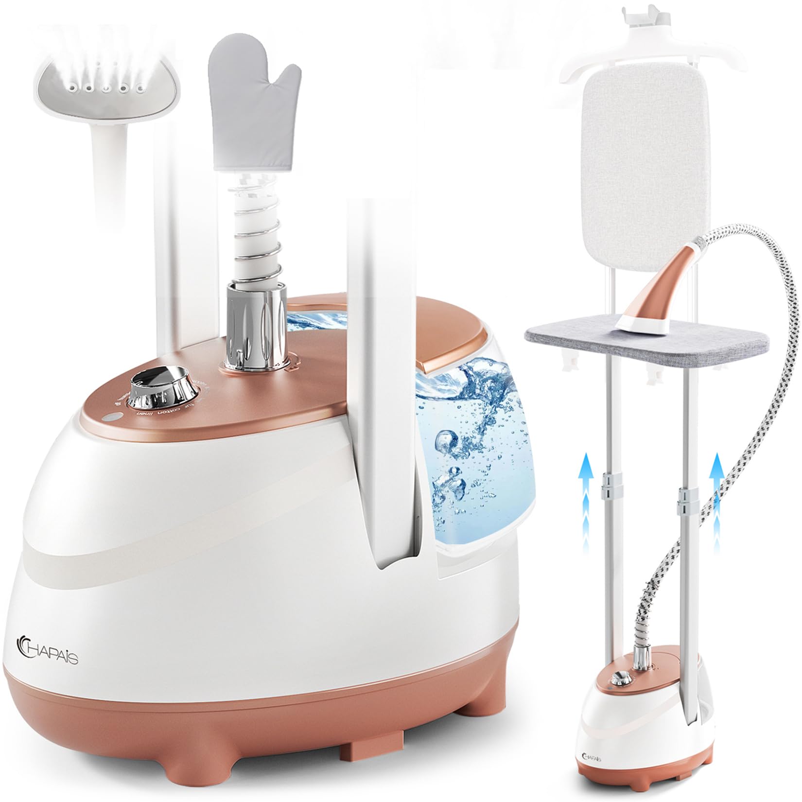 Steamer for Clothes, 1800W Professional Garment Steamer, Leak-Proof | 2-in-1 Flat & Hanging, 10 Fabric Modes, 30s Heat-Up, 2L Detachable Water Tank, 60-Min Steam, Heat Resistant Gloves gold-003