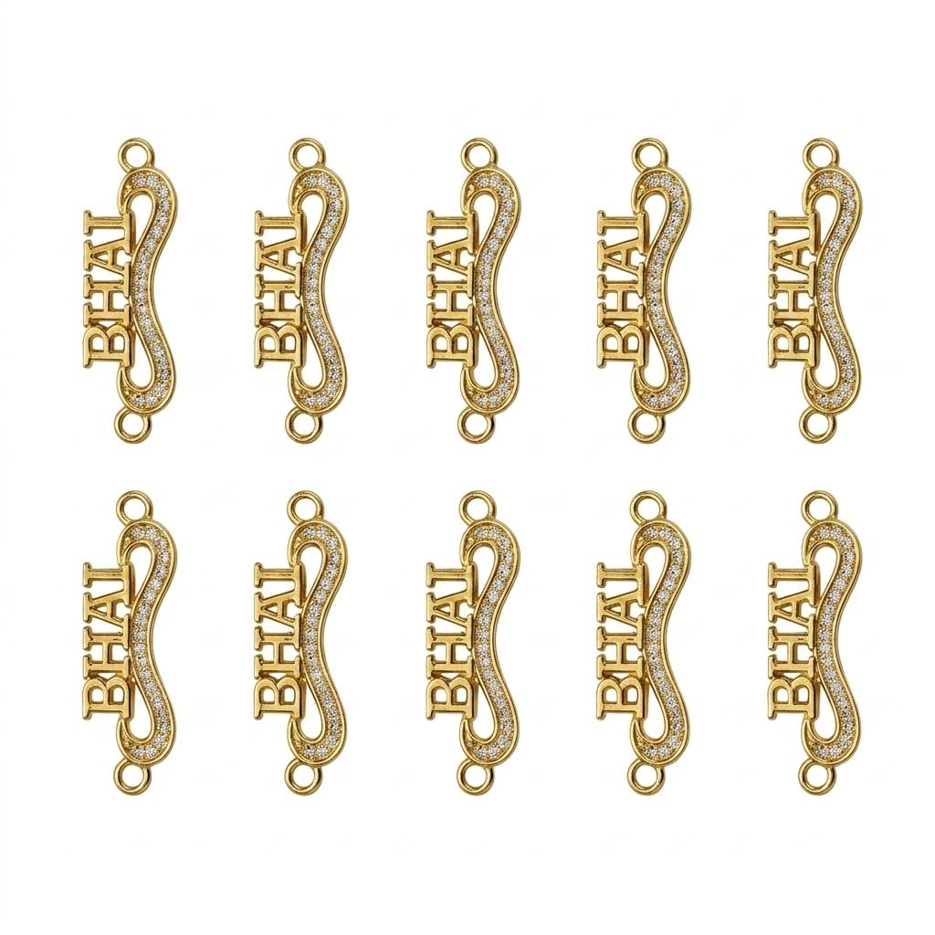 Crystal Studded BHAI Letter Connector Charm, Gold Finish, for Handmade Rakhi Bracelet and Necklace, Jewellery Making, Pack of 10-image-41