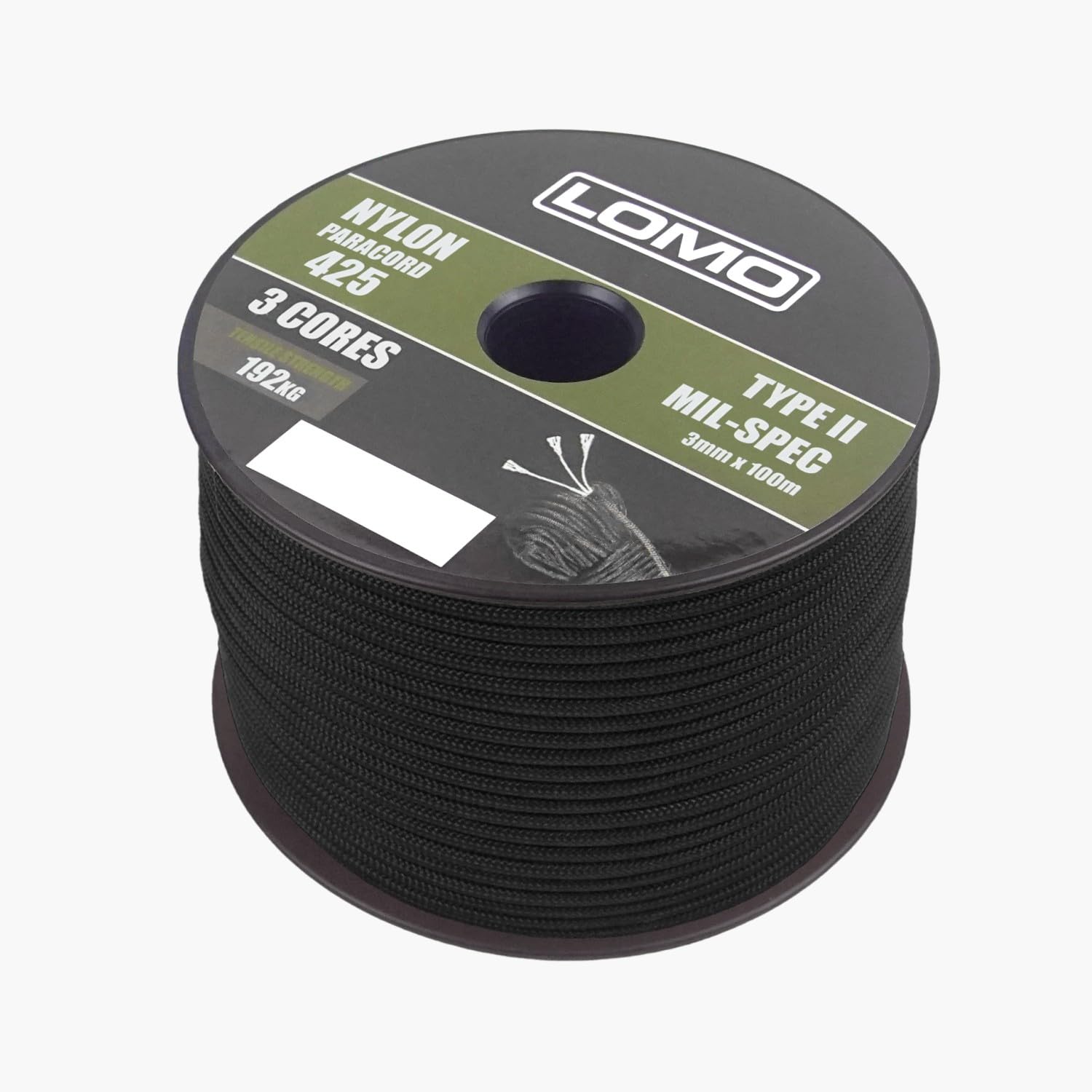 Lomo Black 3 Strand 425 Paracord - 100M Camping Bushcraft Shelter Building