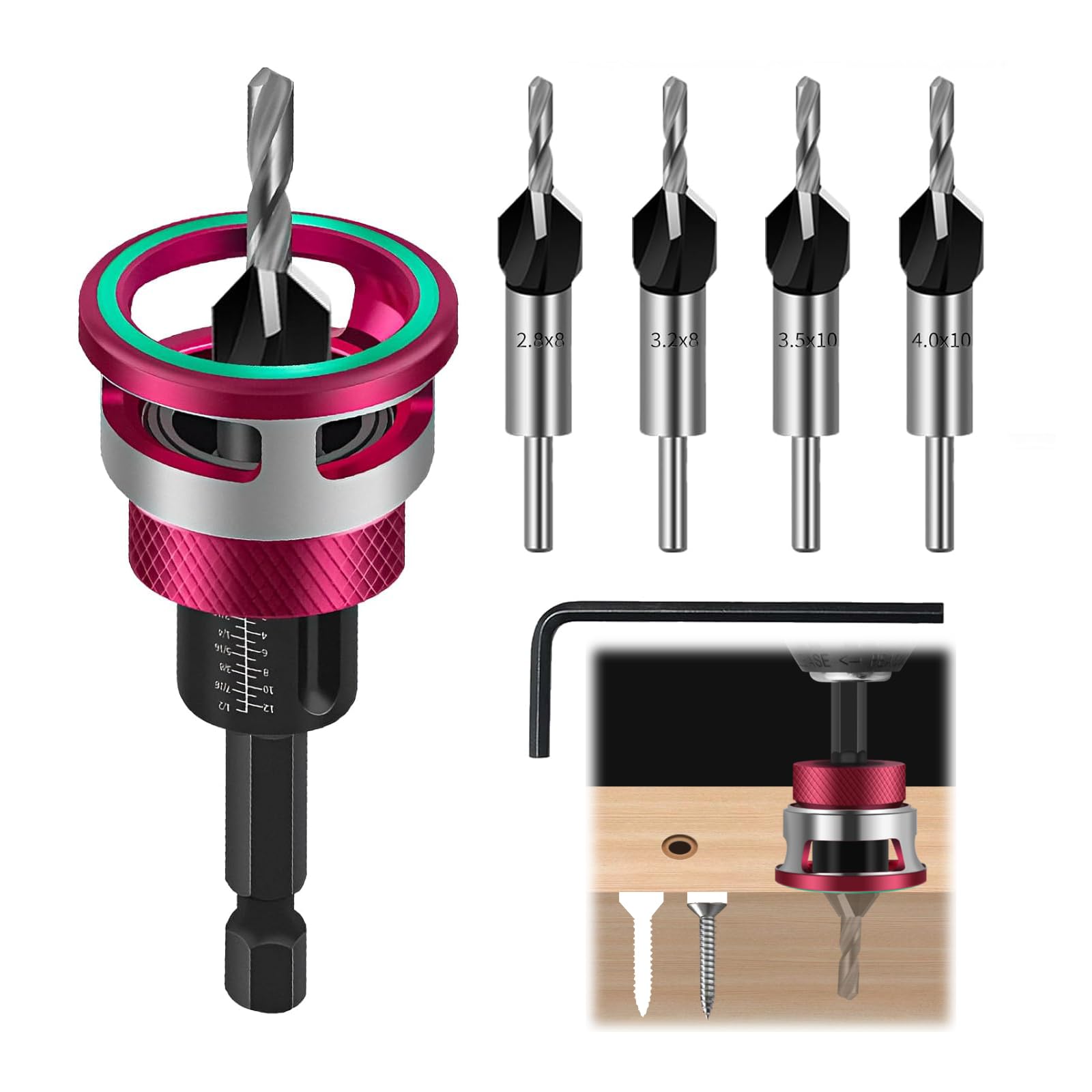 6pcs brocas madera con avellanador, avellanador madera, brocas avellanadoras para madera con tope de profundidad ajustable, avellanador con vástago hexagonal de 1/4 zoll de HSS-M2 Precisa