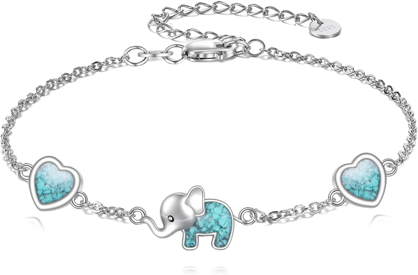 URONE Elephant Bracelet for Women 925 Sterling Silver Turquoise Heart Elephant Bracelet Animals Jewelry Gifts for Mom