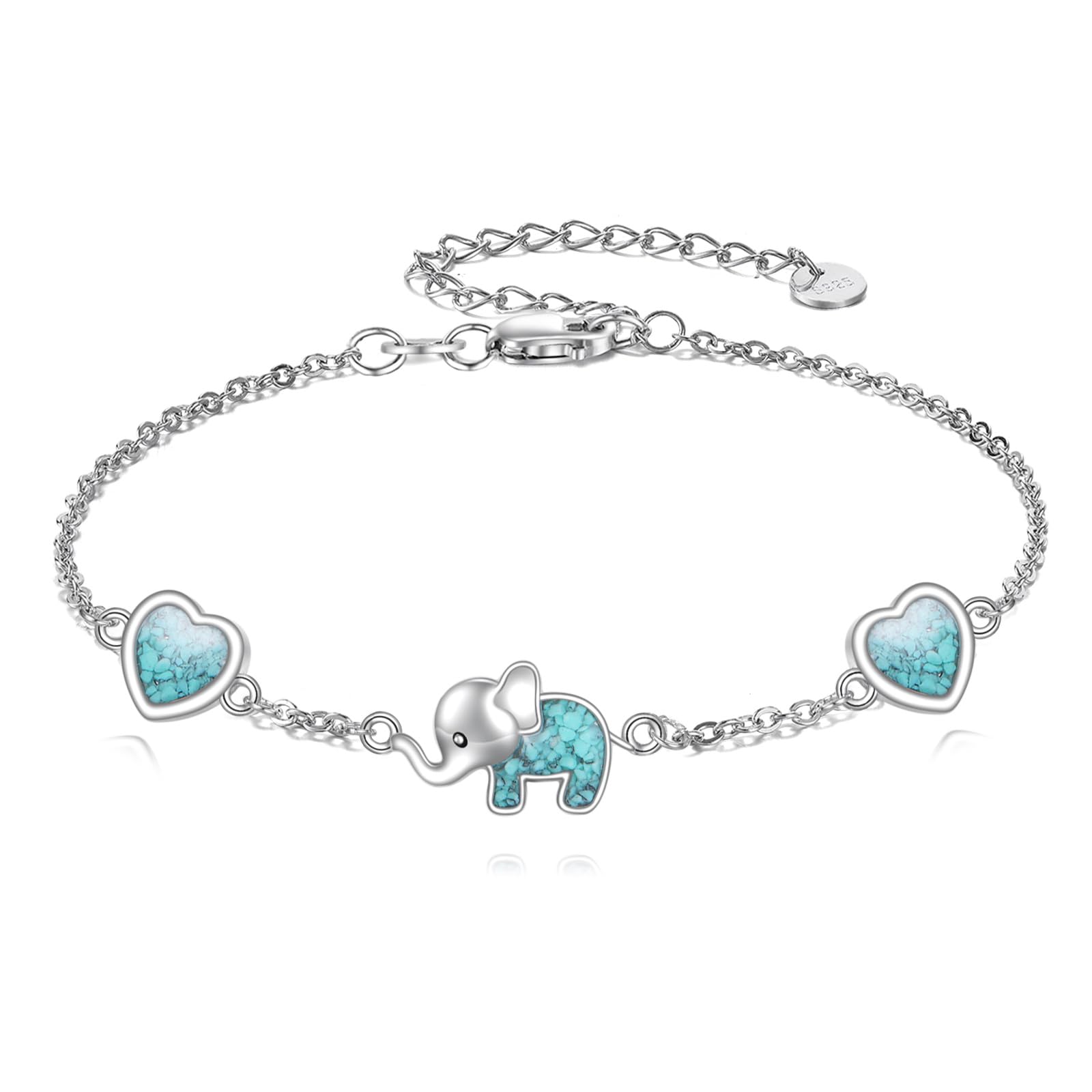 ONEFINITY Bracciale con elefanti in argento sterling 925, con cuore turchese, con elefante, idea regalo per donna