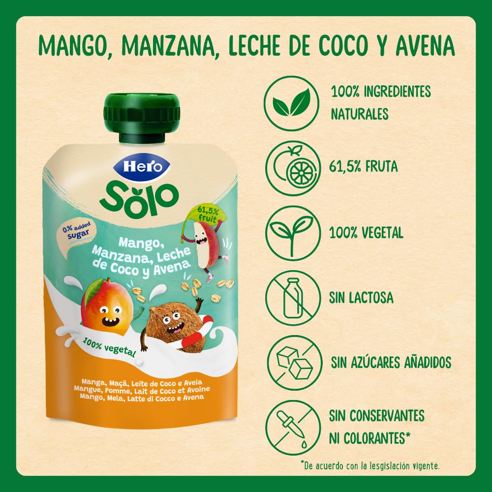 Hero Solo, Bolsita Fruta Bebé, Mango Avena Coco 100% Natural, Sin Conservantes ni Colorantes, Desde 6 Meses, 100g