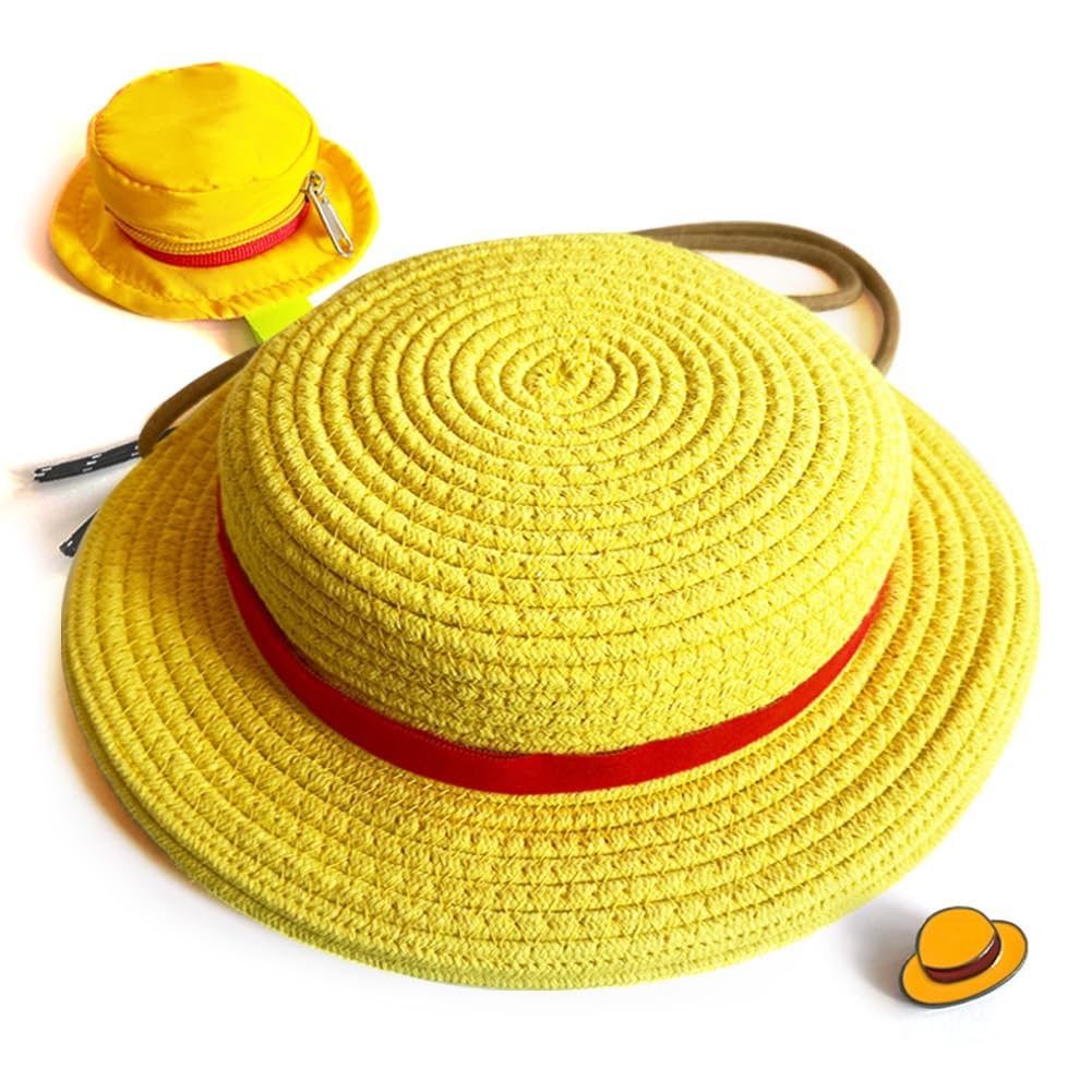 shiningsoul 3-in-1 Anime Pirate Captain Hat Cotton Rope Backpack + Strawhat Key Case + Enamel Pin - Anime Cosplay Daypack, Great Gift for OP Fans