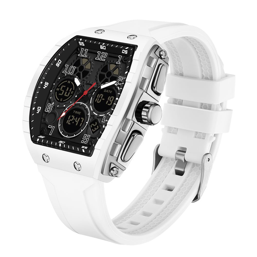 FANMIS Watch for Men Fashion Hollow Unique Rectangle Dial Wristwatch Waterproof Sport Digital Analog Dual Time Display Stopwatch Punk Cool Design Silicon Strap Dress Watch (White)
