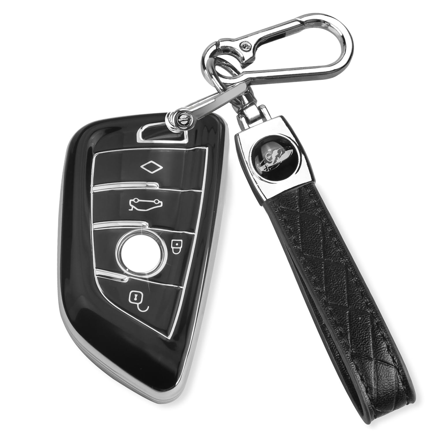 for BMW Key Fob Cover with Leather Keychain,for BMW 2 5 6 7 Series X1 X2 X3 X5 X6 X7 Premium Soft TPU Key Fob Holder (1-Black)