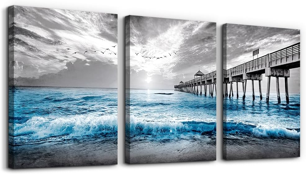 Wall Decorations For Living Room Large size Framed Canvas Wall Art For Bedroom Office Wall Decor Black And White Wall Painting Blue Ocean Sea Wave Pictures Artwork For Modern Posters Prints Home Decor